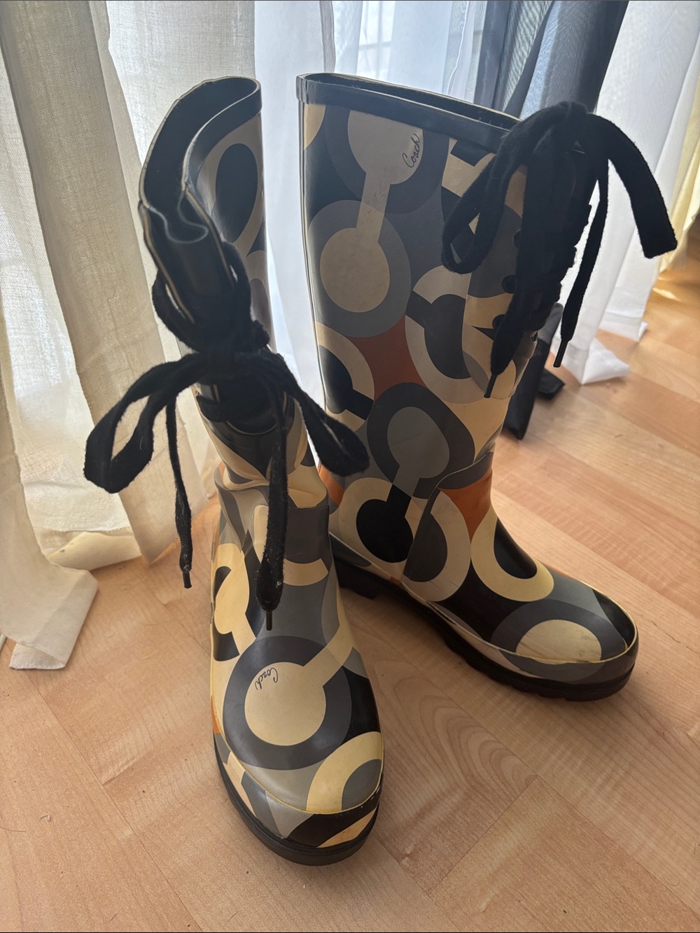 Coach Women's Black, Beige & Tan Patterned Rain Boots with Lace-Up Ties